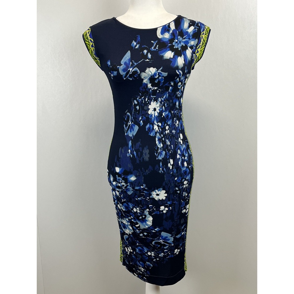 Womens Fuzzi Y2K Blue Chartreuse Cap Sleeve Bodycon Dress VGUC Sz M Floral Italy